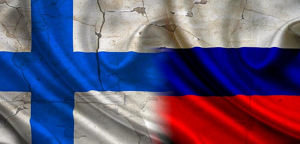 Flag of Russia vs Finland, concept of confrontation between Russia and Finland, cracked wall with flag of russia and finland, confrontation between russia vs finland