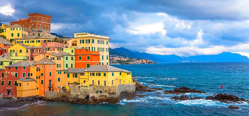 GENOA, ITALY - CIRCA AUGUST 2020: Boccadasse marina panorama, village on the Mediterranean sea with colourful houses