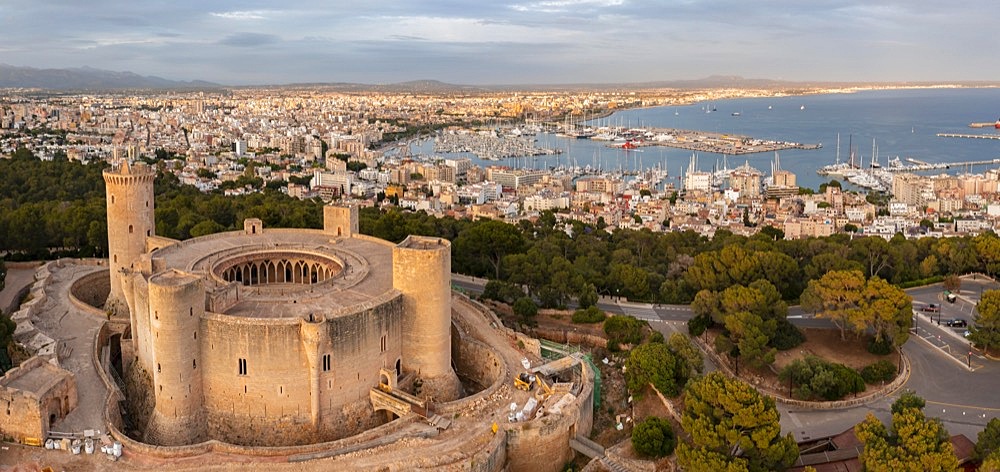 Aerial view, evening mood, round Castell de Bellver castle, view over the city of Palma de Majorca, Majorca, Spain, Europe