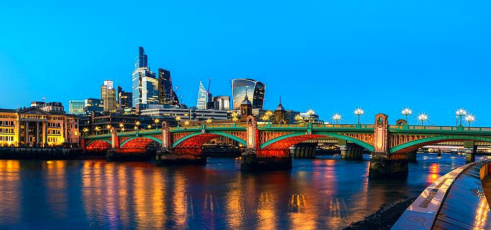 Night in London, Southwark Bridge ane Skyscrapers over River Thames, London, England, United Kingdom, Europe