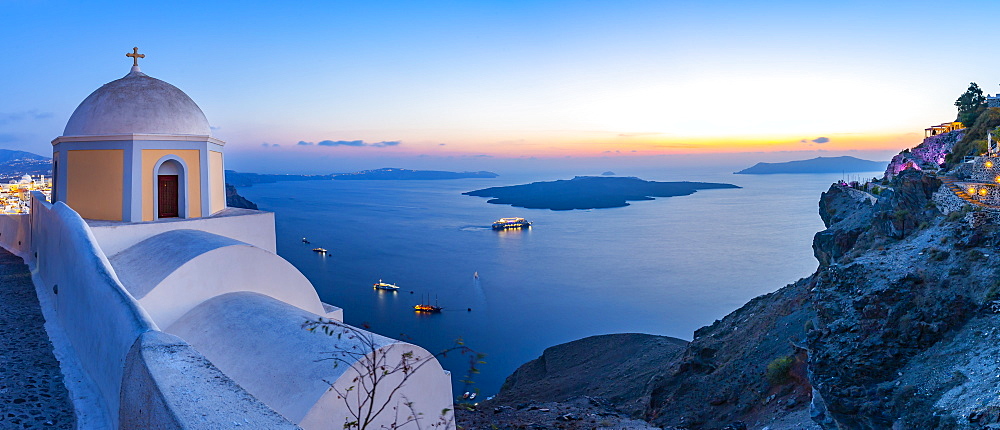 View of Greek Church of Saint Stylianos at dusk, Firostefani, Santorini (Thira), Cyclades Islands, Greek Islands, Greece, Europe