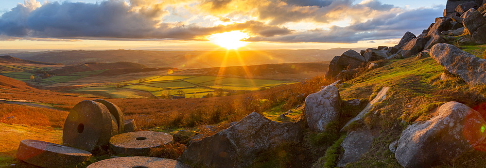 Millstones at Curbar Edge during sunset in Peak District National Park, England, Europe