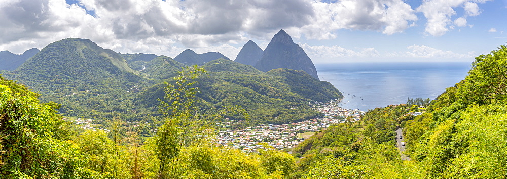 Panoramic view of Soufriere with the Pitons, UNESCO World Heritage Site, beyond, St. Lucia, Windward Islands, West Indies Caribbean, Central America