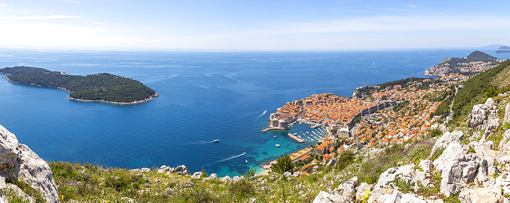 Panoramic view of Old Walled City of Dubrovnik and Adriatic Sea from elevated position, Dubrovnik Riviera, Croatia, Europe