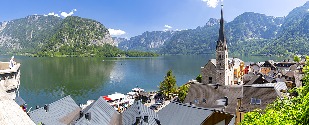 Elevated view of Hallstatt village, UNESCO World Heritage Site, Salzkammergut region of the Alps, Salzburg, Austria, Europe