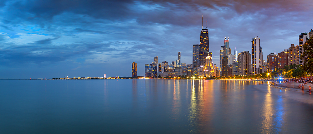 View of Chicago skyline at dusk from North Shore, Chicago, Illinois, United States of America, North America