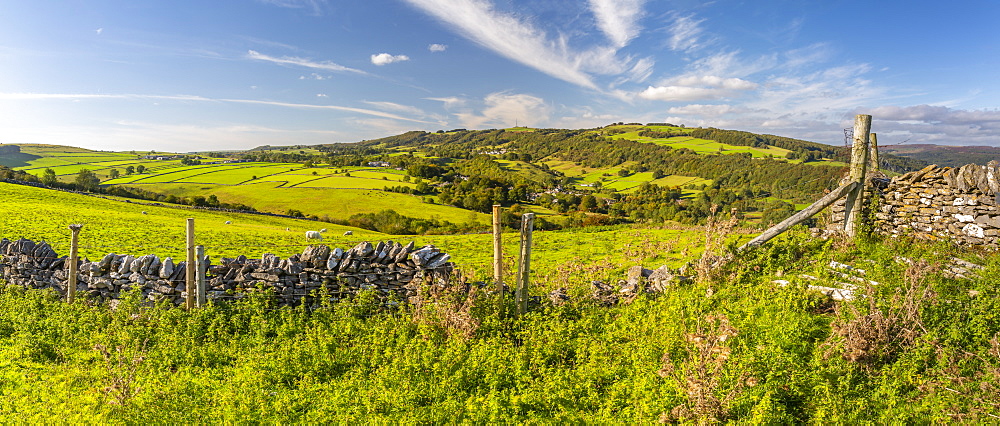 View of dry stone wall and Coombs Dale toward Stoney Middleton, Calver, Derbyshire Peak District, Derbyshire, England, United Kingdom, Europe