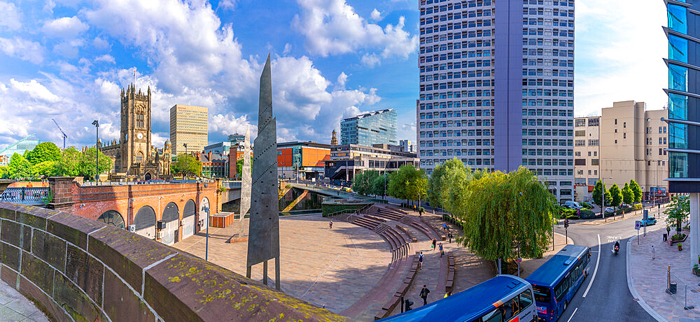 View of Manchester Cathedral and city skyline, Manchester, Lancashire, England, United Kingdom, Europe