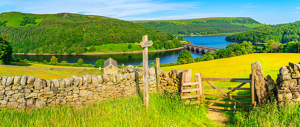 View of Ladybower Reservoir and dry stone wall, with Bamford Edge visible in the distance, Peak District National Park, Derbyshire, England, United Kingdom, Europe