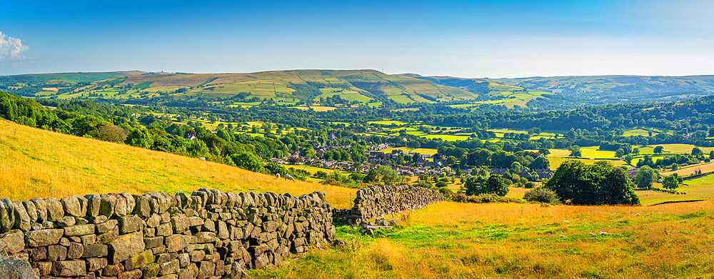 View of Bamford Village and dry stone wall from Bamford Edge, Peak District National Park, Derbyshire, England, United Kingdom, Europe