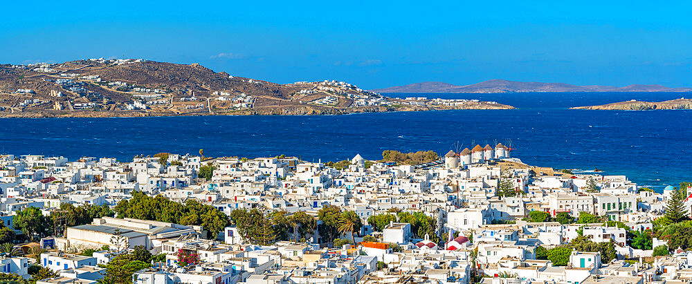 Elevated view of flour mills and town, Mykonos Town, Mykonos, Cyclades Islands, Greek Islands, Aegean Sea, Greece, Europe