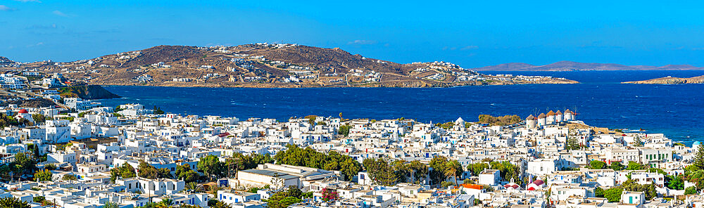 Elevated view of flour mills and town, Mykonos Town, Mykonos, Cyclades Islands, Greek Islands, Aegean Sea, Greece, Europe