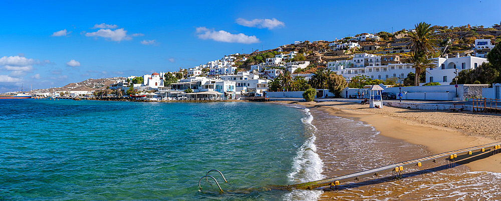 View of seaside restaurant and Paralia Choras beach, Mykonos Town, Mykonos, Cyclades Islands, Greek Islands, Aegean Sea, Greece, Europe