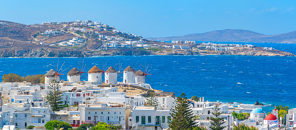 Elevated view of flour mills and town, Mykonos Town, Mykonos, Cyclades Islands, Greek Islands, Aegean Sea, Greece, Europe