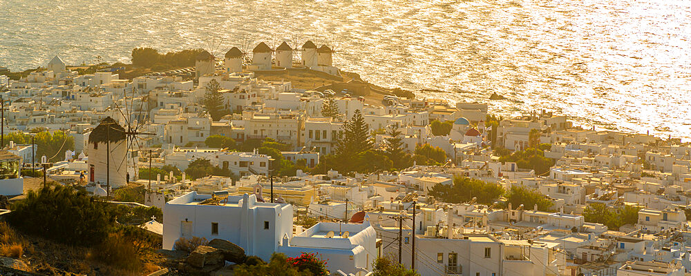 View of flour mills and sea, Mykonos Town, Mykonos, Cyclades Islands, Greek Islands, Aegean Sea, Greece, Europe