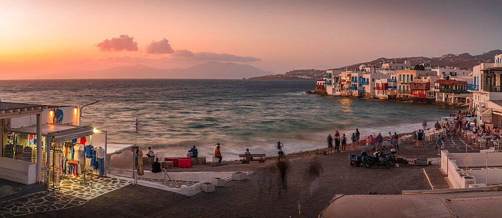 View of Little Venice in Mykonos Town at sunset, Mykonos, Cyclades Islands, Greek Islands, Aegean Sea, Greece, Europe