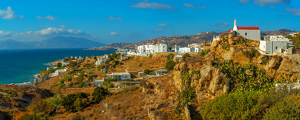 View of the windmills and town from elevated position, Mykonos Town, Mykonos, Cyclades Islands, Greek Islands, Aegean Sea, Greece, Europe