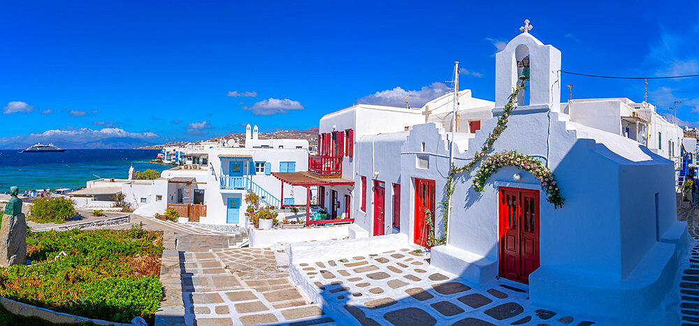 View of little white chapel and Little Venice, Mykonos Town, Mykonos, Cyclades Islands, Greek Islands, Aegean Sea, Greece, Europe