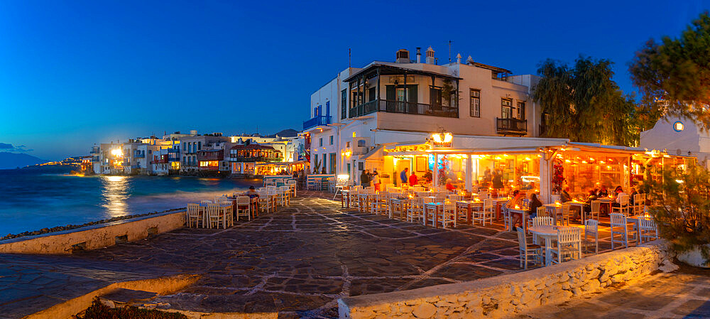 View of restaurants in Little Venice and town at night, Mykonos Town, Mykonos, Cyclades Islands, Greek Islands, Aegean Sea, Greece, Europe