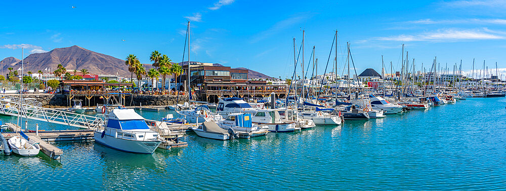 View of restaurant and boats in Rubicon Marina, Playa Blanca, Lanzarote, Canary Islands, Spain, Atlantic, Europe