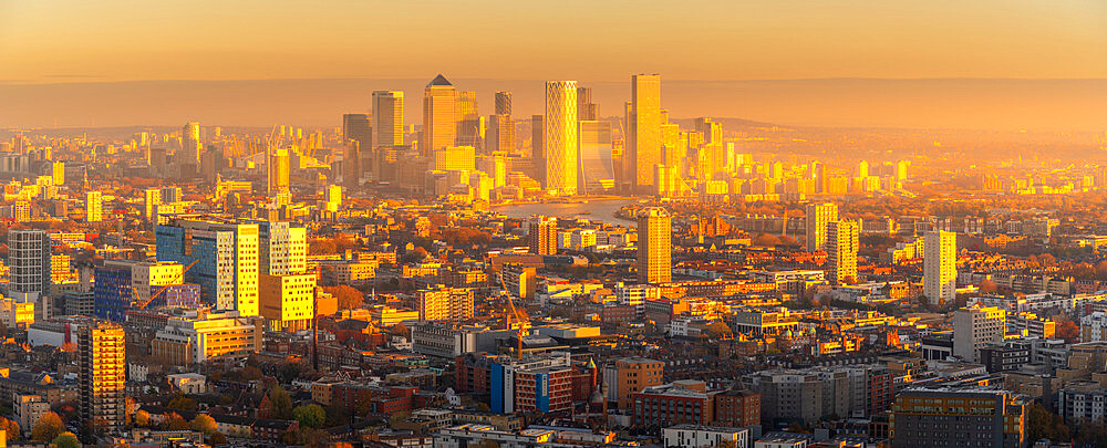 Panoramic view of Canary Wharf at golden hour from the Principal Tower, London, England, United Kingdom, Europe