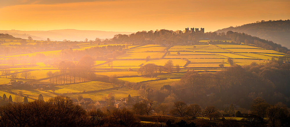 View of hilltop Riber Castle during winter at sunset, Riber, Matlock, Derbyshire, England, United Kingdom, Europe