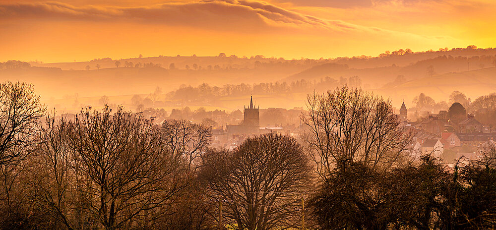 View of Wirksworth Market Town during winter at sunset, near Matlock, Derbyshire Dales, Derbyshire, England, United Kingdom, Europe