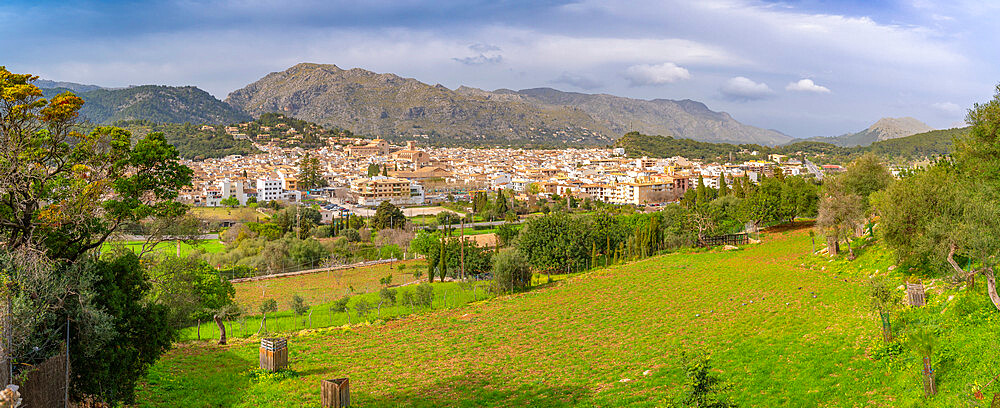 Panoramic view of the town of Pollenca in mountainous setting, Pollenca, Majorca, Balearic Islands, Spain, Mediterranean, Europe