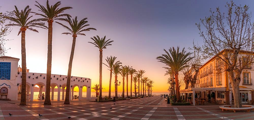 View of Plaza Balcon De Europa at sunrise in Nerja, Costa del Sol, Malaga Province, Andalusia, Spain, Europe