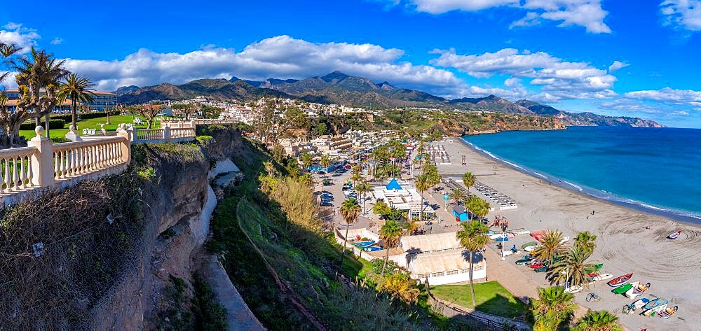 View of Playa de Burriana Beach and Mediterranean Sea, Nerja, Costa del Sol, Malaga Province, Andalusia, Spain, Europe