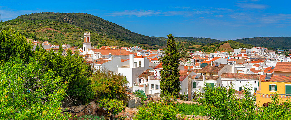 View of Sant Bartomeu de Ferreries and rooftops from elevated position, Ferreries, Menorca, Balearic Islands, Spain, Mediterranean, Europe