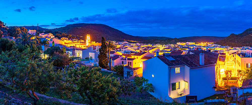 View of Sant Bartomeu de Ferreries and rooftops from elevated position, Ferreries, Menorca, Balearic Islands, Spain, Mediterranean, Europe