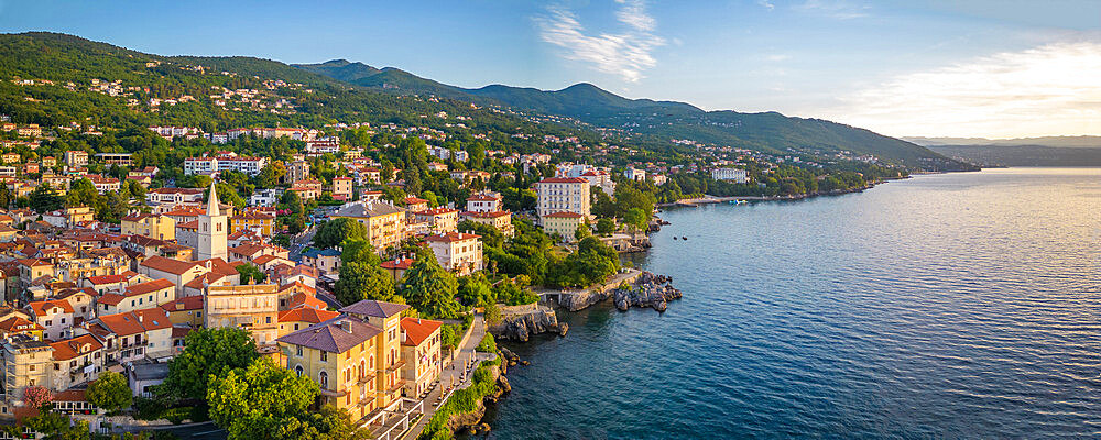 Aerial view of St. George's Church and Lovran at daybreak, Lovran, Kvarner Bay, Eastern Istria, Croatia, Europe