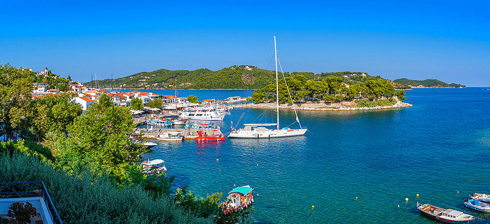 View of boats in the Old Port from above, Skiathos Town, Skiathos Island, Sporades Islands, Greek Islands, Greece, Europe