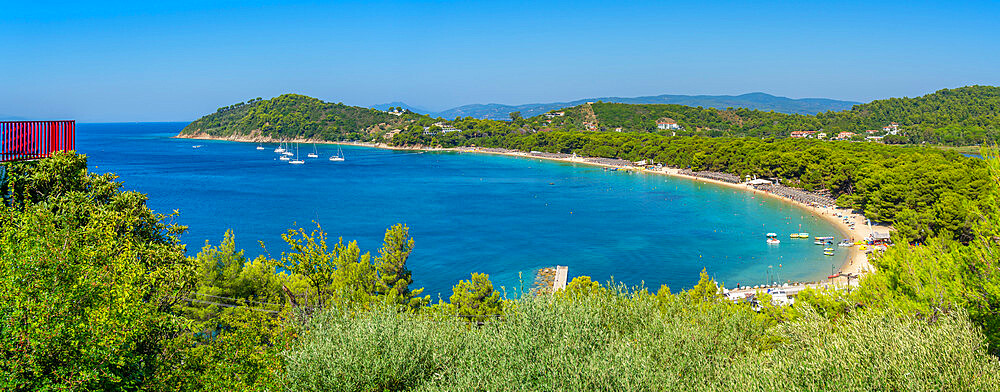 Aerial view of Koukounaries Beach, Skiathos Town, Skiathos Island, Sporades Islands, Greek Islands, Greece, Europe