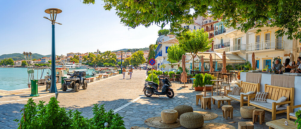 View of old town and promenade, Skopelos Town, Skopelos Island, Sporades Islands, Greek Islands, Greece, Europe