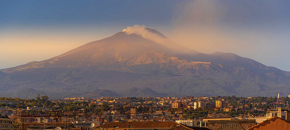 View of rooftops and Mount Etna, UNESCO World Heritage Site, Catania, Sicily, Italy, Mediterranean, Europe