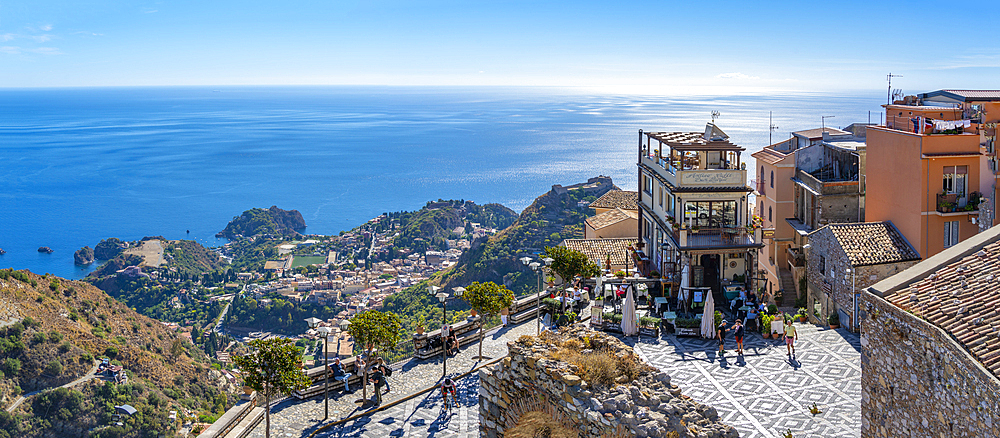 View of Piazza Saint Antonio in Castelmola and Taormina in background, Taormina, Sicily, Italy, Mediterranean, Europe