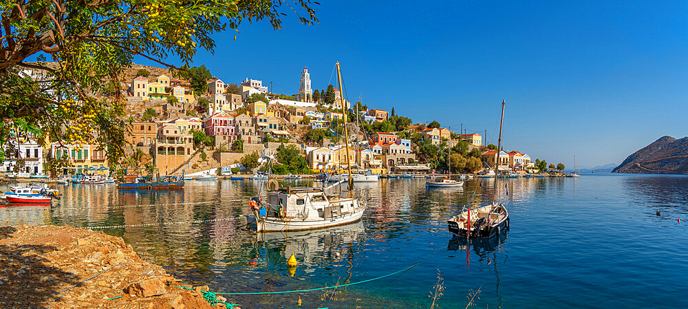 View of The Annunciation Church overlooking Symi Town, Symi Island, Dodecanese, Greek Islands, Greece, Europe