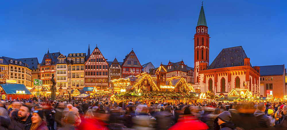 View of Christmas Market on Roemerberg Square at dusk, Frankfurt am Main, Hesse, Germany, Europe