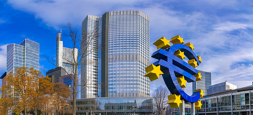 View of financial district skyline and the Euro Sculpture, Willy Brandt Platz, Frankfurt am Main, Hesse, Germany, Europe