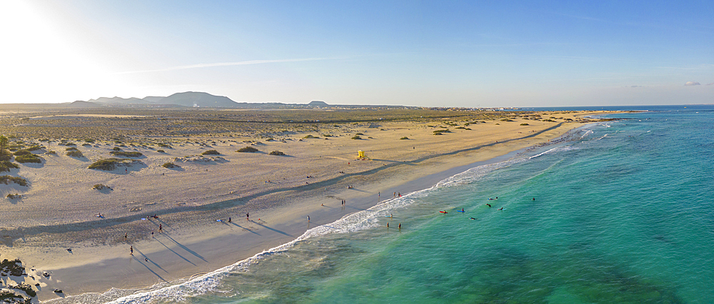 Aerial view of beach and the Atlantic Ocean, Corralejo Natural Park, Fuerteventura, Canary Islands, Spain, Atlantic, Europe