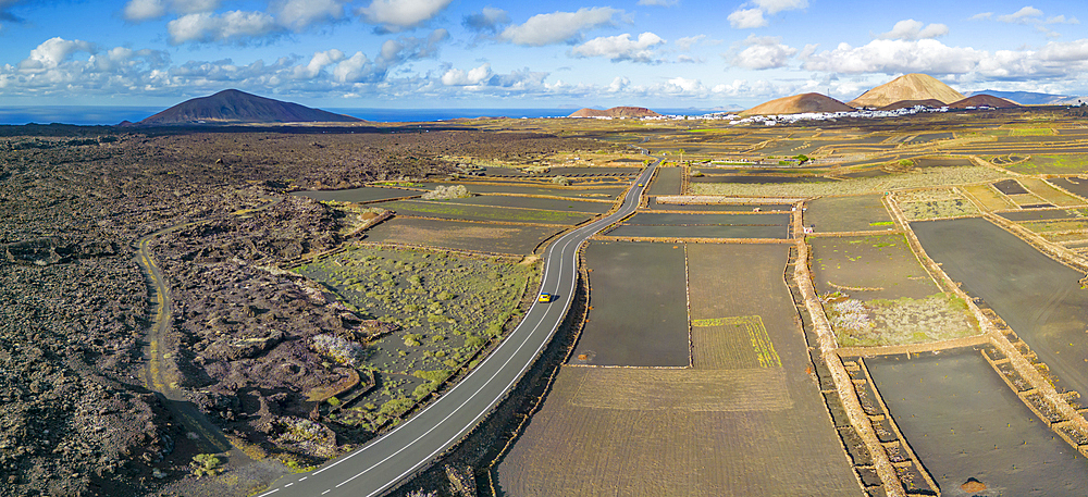 Aerial view of road through volcanic landscape, Timanfaya National Park, Lanzarote, Las Palmas, Canary Islands, Spain, Atlantic, Europe