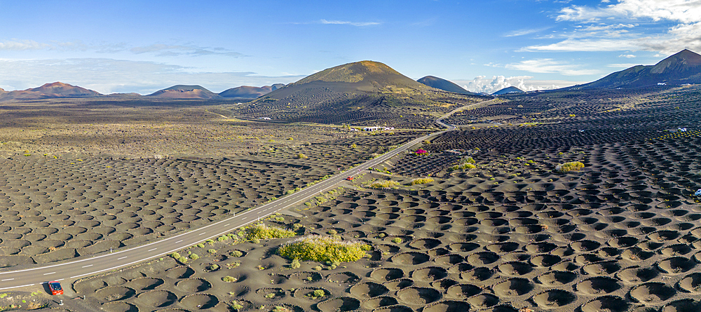 Aerial view of wine growing district of La Geria, Timanfaya National Park, Lanzarote, Las Palmas, Canary Islands, Spain, Atlantic, Europe