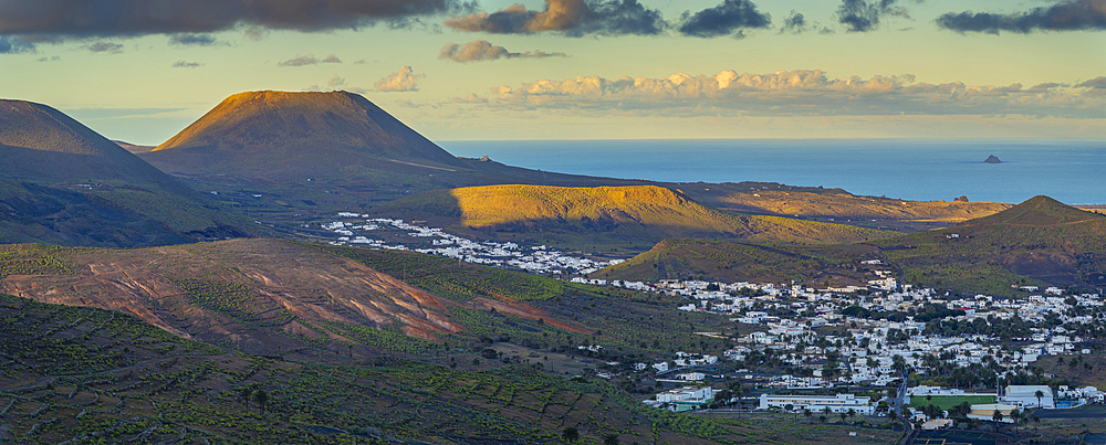 View of landscape, Volcano La Corona and Maguez at sunset, Maguez, Lanzarote, Las Palmas, Canary Islands, Spain, Atlantic, Europe