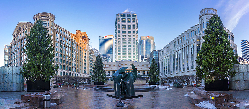 View of Canary Wharf tall buildings at Christmas, Docklands, London, England, United Kingdom, Europe