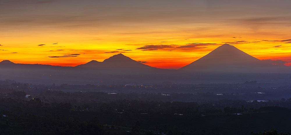 View of Mount Batur and Mount Agung at sunrise, Bali, Indonesia, South East Asia, Asia