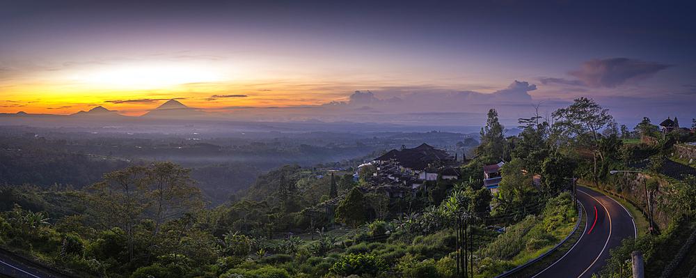 View of Mount Batur and Mount Agung from near Lake Beratan at sunrise, Bali, Indonesia, South East Asia, Asia