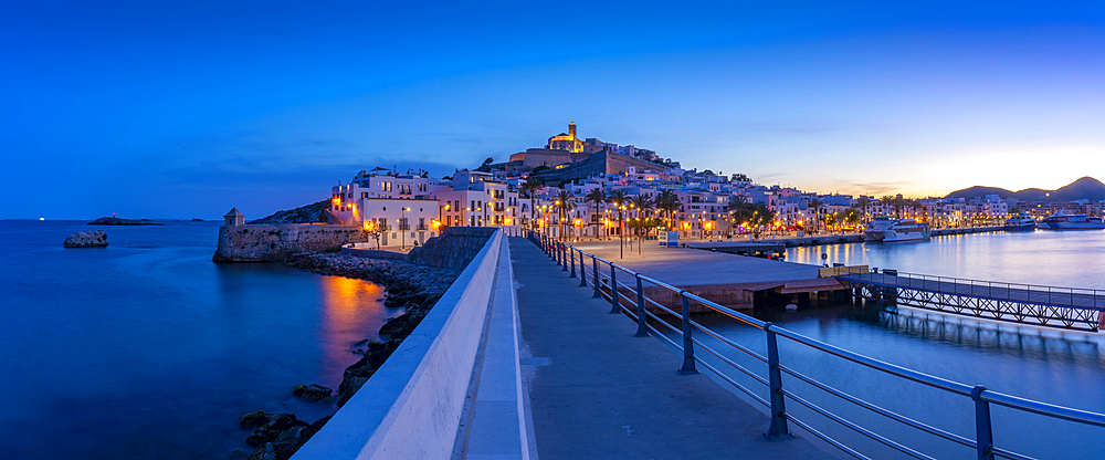 View of Cathedral and Dalt Vila from harbour at dusk, UNESCO World Heritage Site, Ibiza Town, Eivissa, Balearic Islands, Spain, Mediterranean, Europe