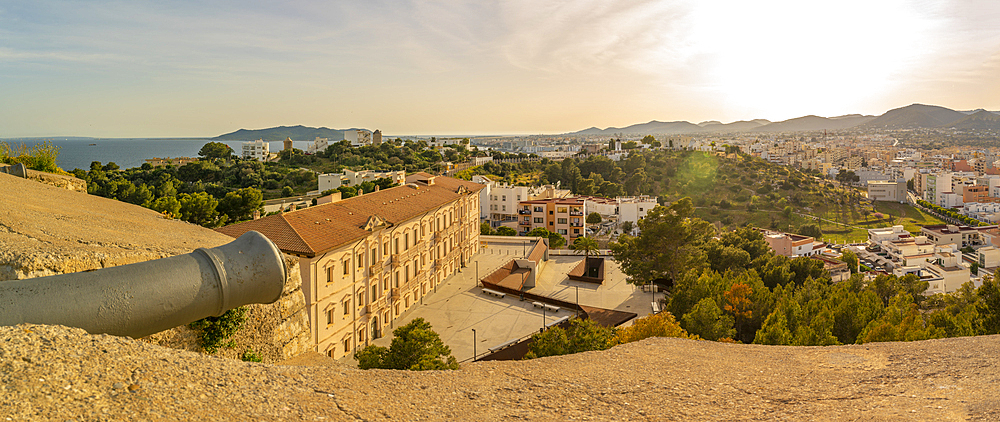 Elevated view of city defence walls and Ibiza Town, UNESCO World Heritage Site, Ibiza Town, Eivissa, Balearic Islands, Spain, Mediterranean, Europe